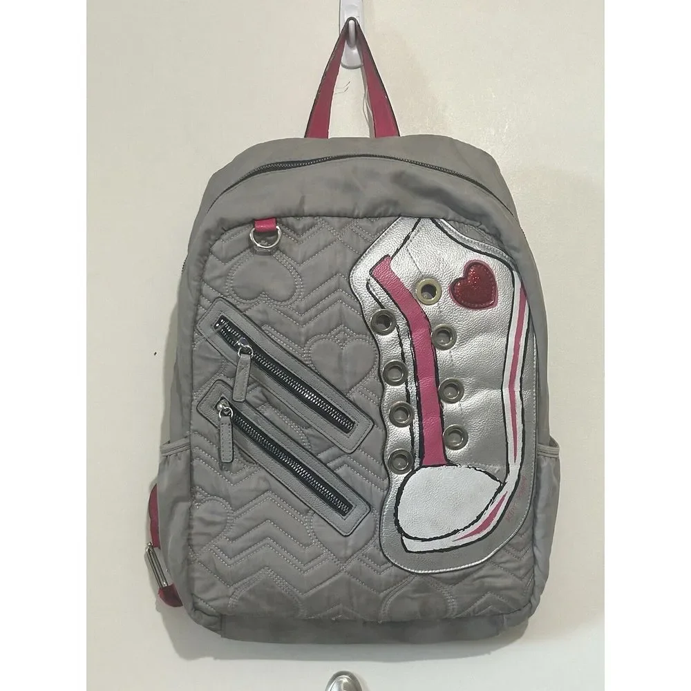 Betsey‎ Johnson Gray Quilted Hearts Backpack Glitter Heart Sneaker With Laces